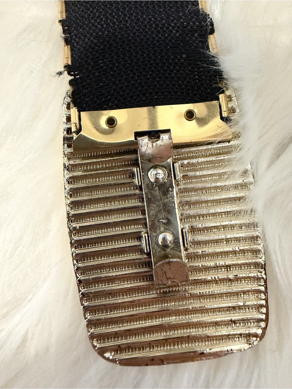 Vintage 80s Gold Metallic Scale Elastic Belt Rhinestone Buckle SIZE LARGE/X-LG - Picture 11 of 13